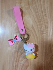 Cute Pink Hello Kitty Silicone Keychain Wristlet Bag Charm Key Ring Yellow Bell