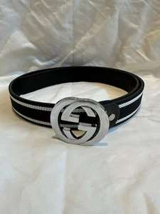 GUCCI Ceinture pour Homme Boucle G Cuir Noir & Blanc Rayé Jamais Utilisé A Trou
