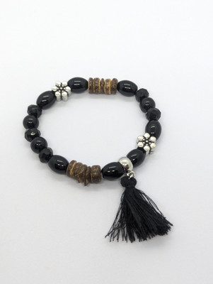 Perlenarmband, schwarzes Blumenarmband, Stapelarmband, Quastenarmband