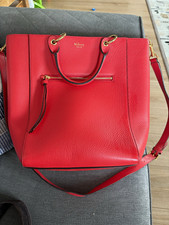 Mulberry Red Pebbled Leather Tote Bag, Gold Hardware, Detachable Strap, Pockets