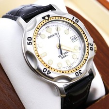 SEIKO Scuba 200m Fecha Diver Reloj 5H25-6000 Esfera Blanca Tono Dorado
