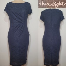 Phase Eight Midi Dress Blue Bodycon Gathered Waist Textured Size 12
