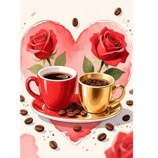 Coffee Diamond Art Kits for Adults, Coffee Cups Roses Diamond Painting Kits for