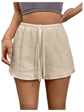 Women's Elastic High Waisted Track Shorts Casual Wide Leg Textured Drawstring...