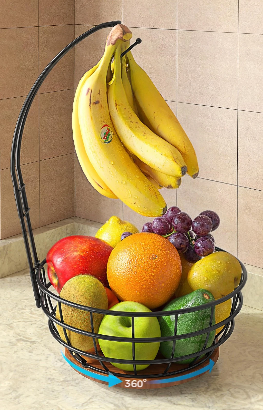 360° Rotating Fruit Basket for Kitchen Counter with Upgraded Banana Hanger, 2...