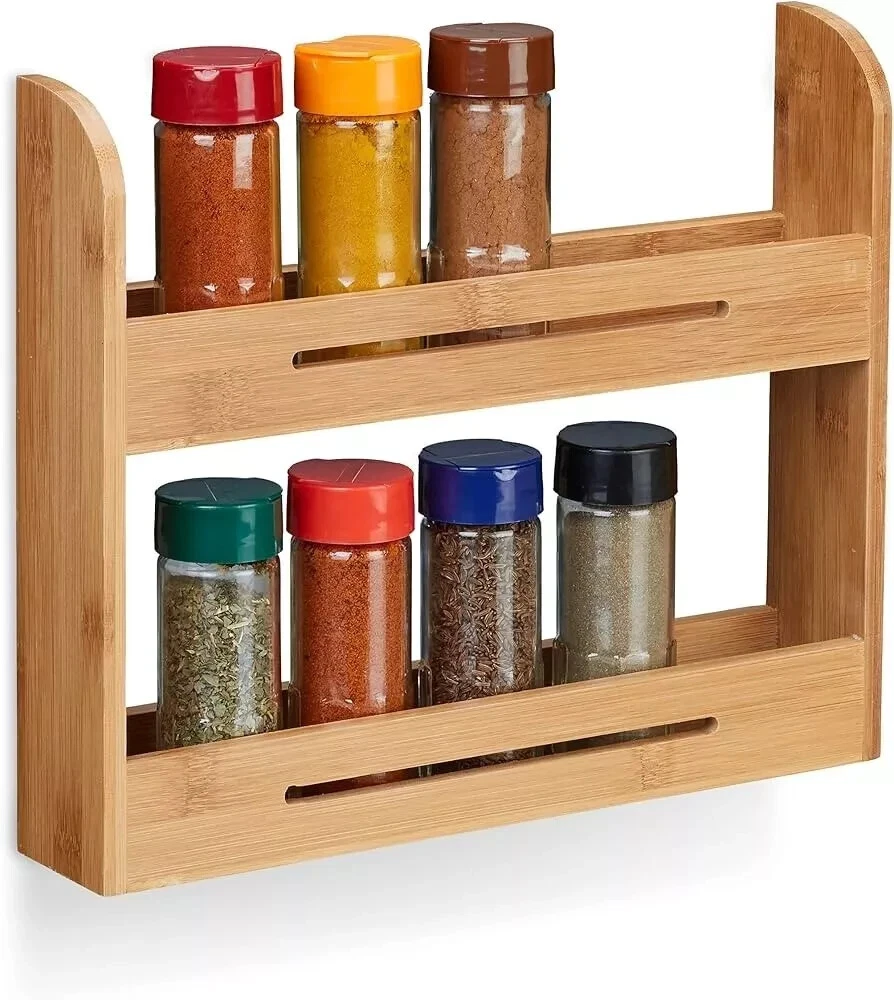 2 TIER BAMBOO WOODEN SPICES JARS SHELF RACK HERB HOLDER STAND KITCHEN STORAGE