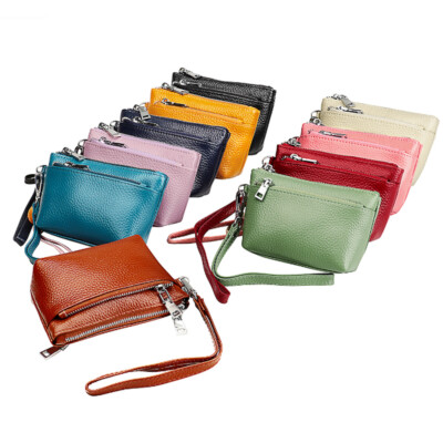 Women Genuine Leather Coin Purse with Wrist Strap Zipper Card