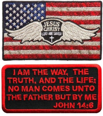 Distressed USA Flag Jesus Wings Lord Savior JOHN 14:6 PATCH - 2PC - 4.0 inch