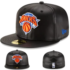 New Era New York Knicks P.U Fitted Hat NBA Official Team Black Faux Leather Cap