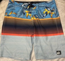 Quicksilver Men s Size 38 Blue Orange Hawaiian Floral Striped Board Shorts Swim