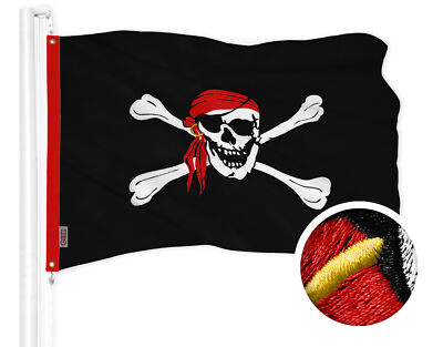 G128 Pirate Jolly Roger Red Head Scarf Flag 20x30 In Embroidered 300D Polyester