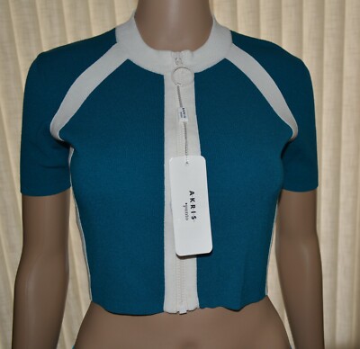 $595! Akris Punto Zip Front Crew Neck Cropped Cardigan Sweater Azur  Size 6