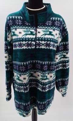 Summit Hill Womens BLUE & GREEN 1/4 Zip Fleece Snowflakes & Raindeer Pullover LG