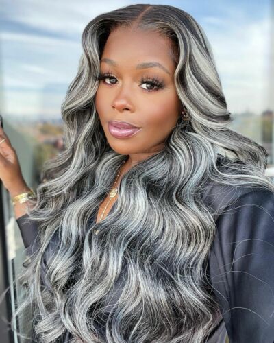 Long Ombre Black Grey mixed Wigs Wavy Synthetic Hair Wig Heat Safe Cos  Dress Wig | eBay