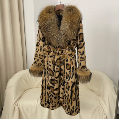 American Style Womens Real Raccoon Fur Collar Rabbit Fur Mid Long
