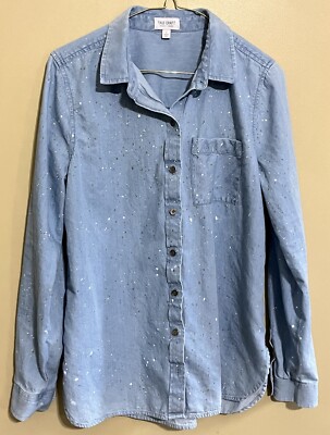 True Craft Women s Blue Button Down White Brown Paint Specks Tunic Sz L