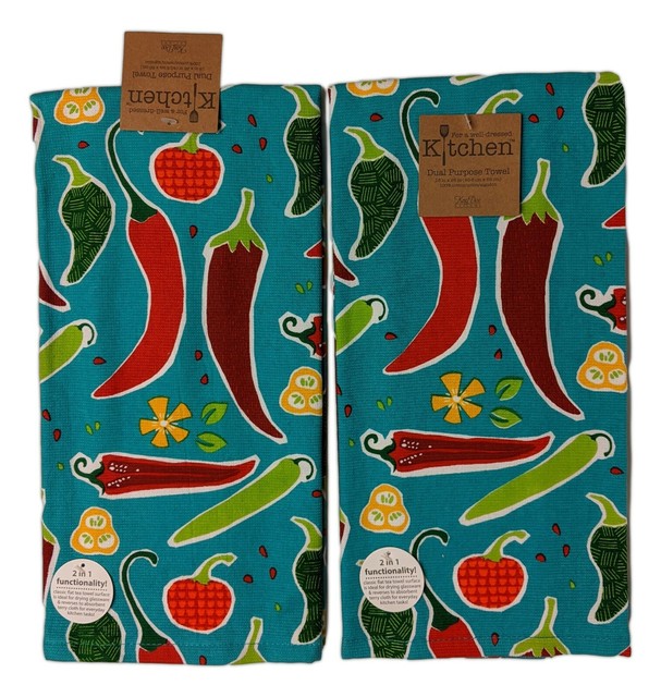 Set of 2 HOT STUFF Chili Peppers Terry Kitchen Towels by Kay Dee