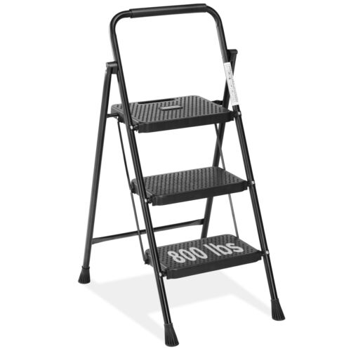 3 Step Ladder, Portable Folding Step Stool Heavy Duty, Anti-Slip, 800Lb