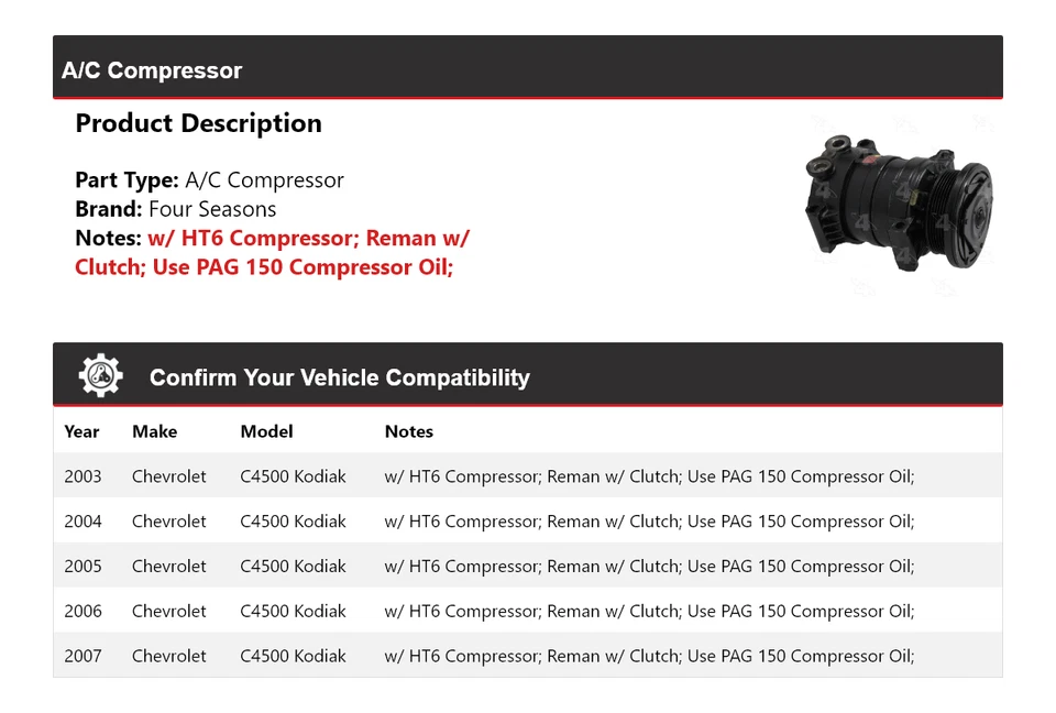 Compresor de aire acondicionado para Chevrolet C4500 Kodiak 2003-2007 4 estaciones 2004 2005 2006 Foto 2 de 4