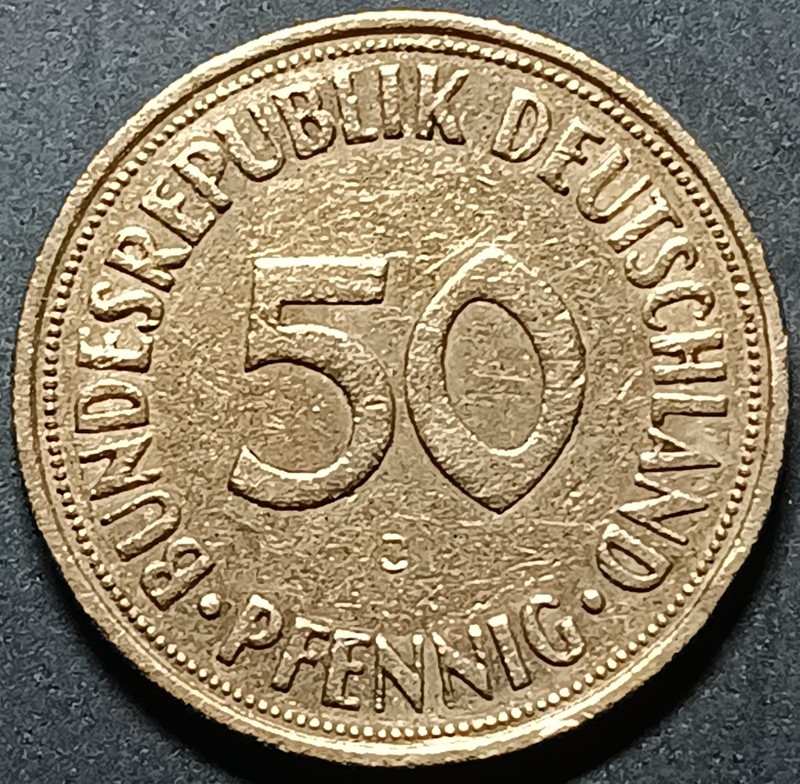 1950 J Germany Federal Republic 50 Pfennig, Excellent Condition, Hamburg Mint