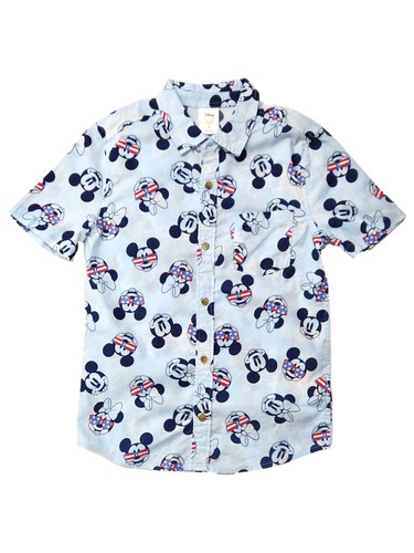 Boys Blue Short Sleeve Mickey Mouse Patriotic Button Front Shirt Medium 8 - Picture 1 of 2