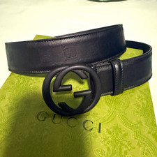 GUCCI MEN’s BLACK MONOGRAM LEATHER BELT MATTE BLACK GG BUCKLE size 36 AUTHENTIC