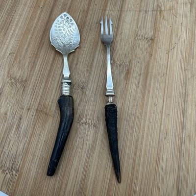 Antique Fish Serving Fork Silver Plate Fork And Jam Spoon Floral Antler Handles