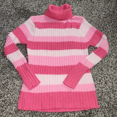 Vtg Y2K 90's Ribbed Fitted Turtleneck Sweater Pink Bling Mallcore Girls Sz 10/12 - Image 1 of 4
