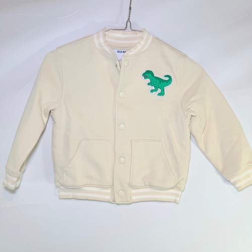Old Navy Kids Cream T-Rex Dinosaur Varsity Bomber Jacket 5T Snap Front Jersey