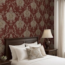 Burgundy red beige gold metallic Victorian damask faux fabric textured Wallpaper