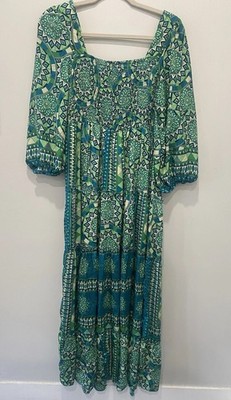 Me 2 Magic Dress Smocked Maxi Geometric Green Blue Long Sleeve XL Boho Nap Dress