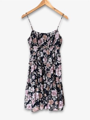 Lush Flaunt Factor Black Floral Tiered Babydoll Mini Dress M Grunge Fairycore