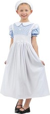 Girls Victorian Schoolgirl Costume Dress & Bonnet Fancy Dress 7–12+
