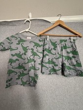 Hanna Andersson Pajama Set Kids 10 Gray Green Dinosaur Print Organic Cotton