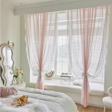 Romantic Pink Lace Sheer Curtains French Floral Sheer Curtains for Living Roo...