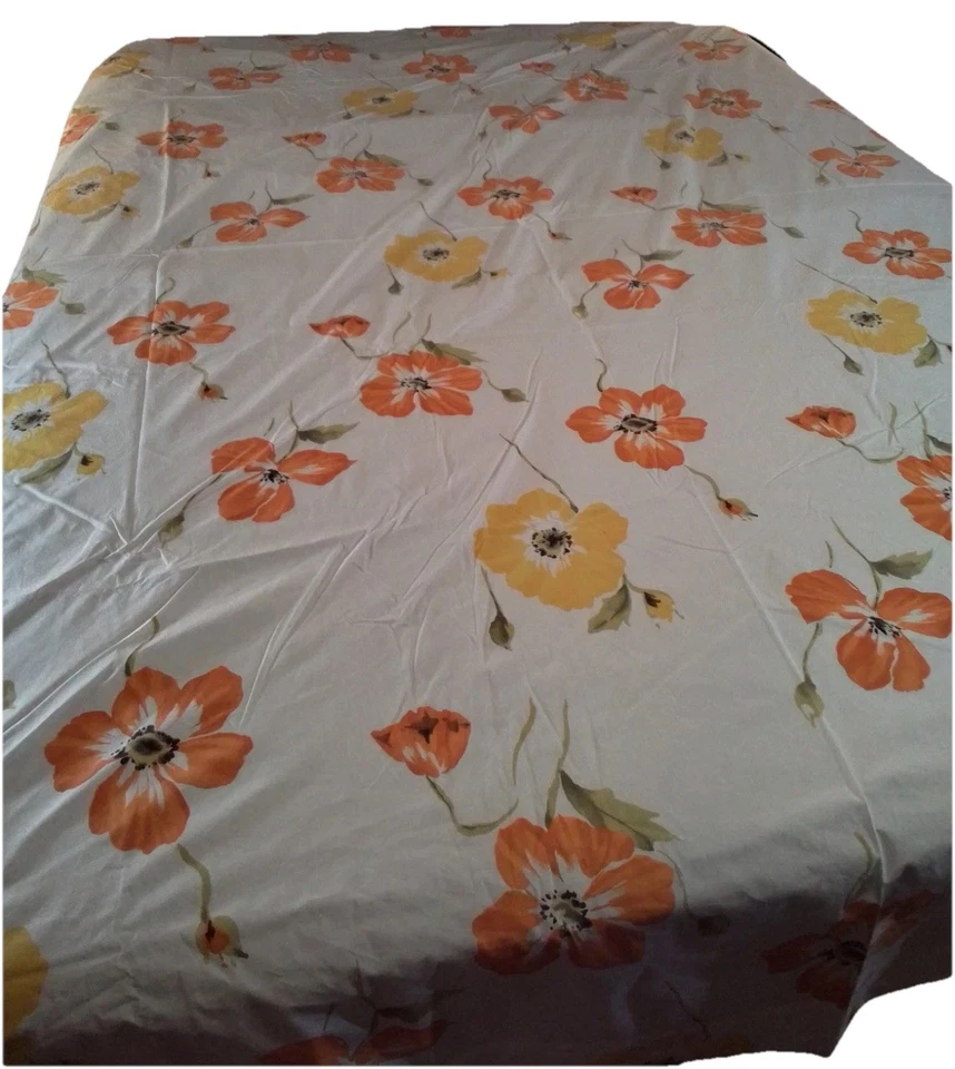 Sábana plana y ajustable Pottery Barn Queen crema amapolas estampado floral naranja amarillo Foto 3 de 4