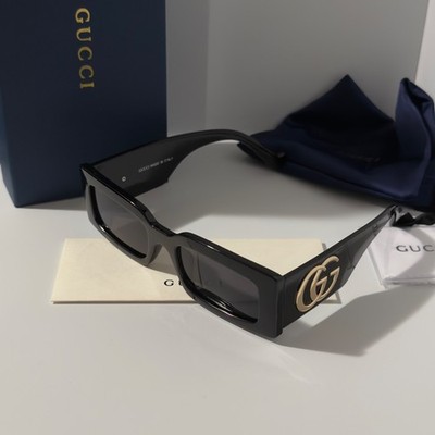 Gucci GG1425S 001 - 53mm Black Rectangular Sunglasses Black Lens Ships Same Day