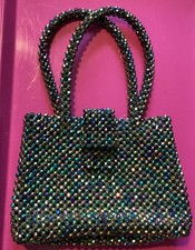 Faceted Iridescent Acrylic Beaded Bag Purse Two Handle Lined Clasp Free Standing