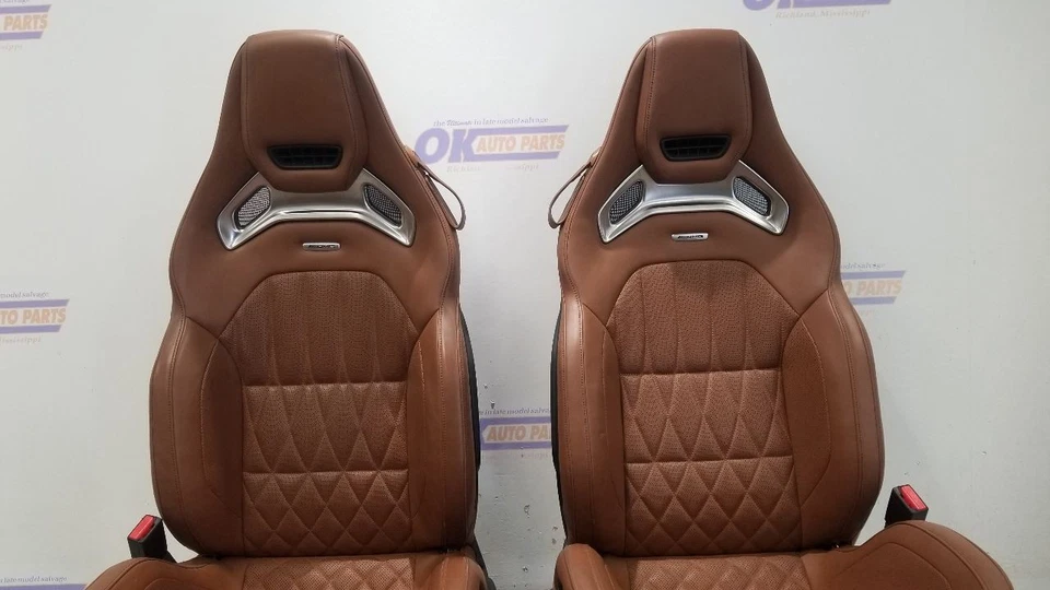 18 MERCEDES BENZ AMG GT 190 MEMORY HEATED COOLED FRONT SEAT SET BROWN LEATHER - Image 4 of 4