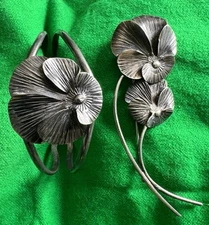 Vtg Stuart Nye Silver Pansy Flower Cuff Bracelet & Brooch Set