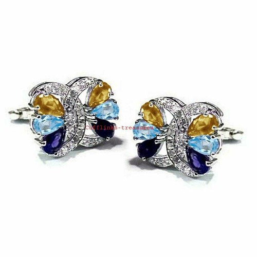 Natural Amethyst Citrine Blue topaz Gemstones With 925 Sterling Silver Cufflinks - Picture 2 of 3