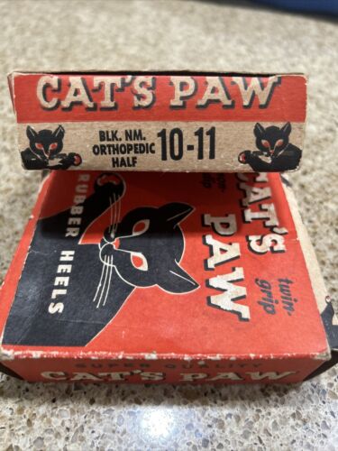 Vintage 1950s Cat's Paw Twin Grip Rubber Shoe Heels in Box Black half 10-11 - Picture 1 of 3