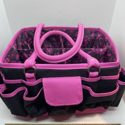 Craft Organizer Portable Tote Pink Floral Black Handles Pockets Compartments - Picture 2 of 13