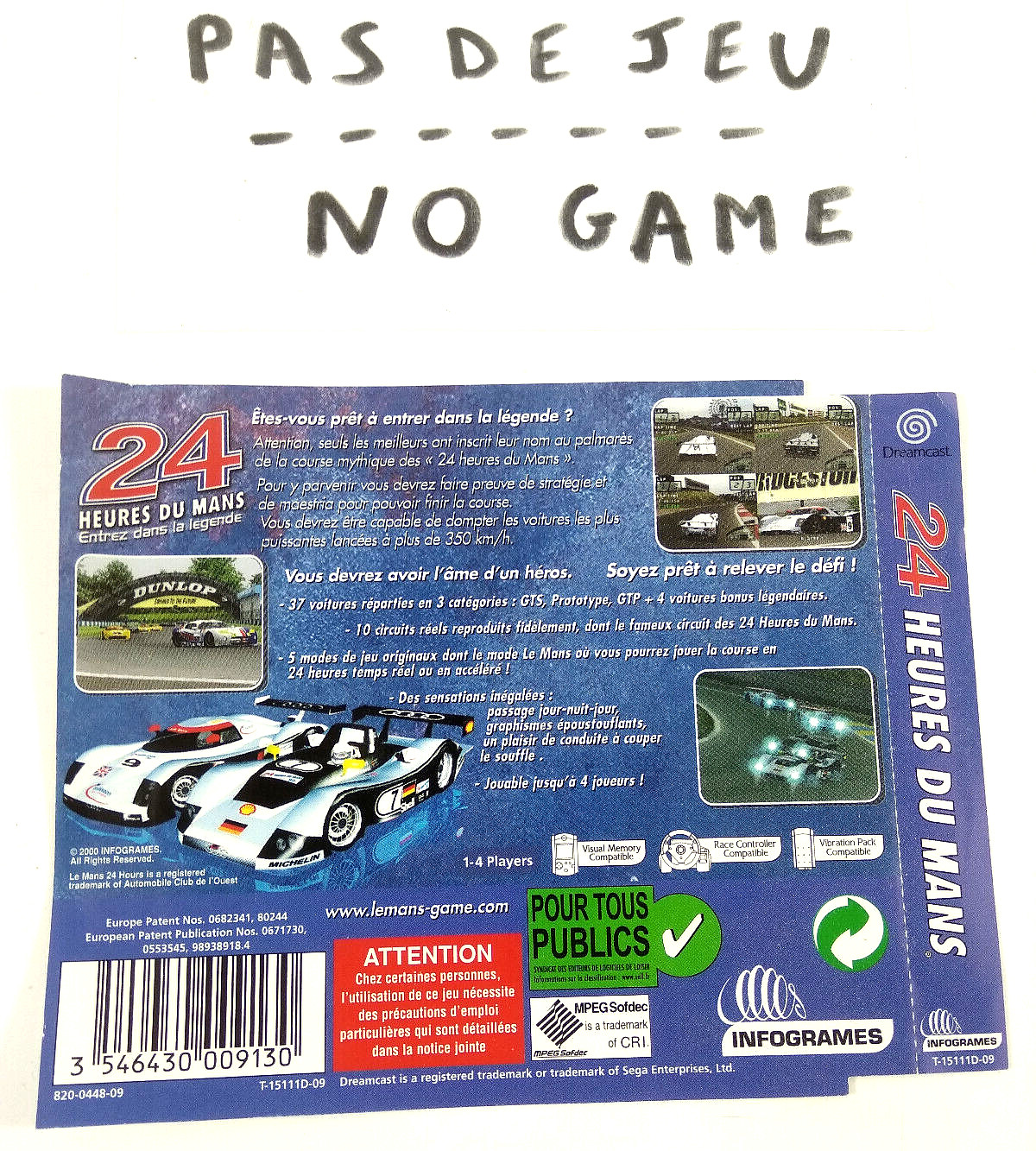 Playstation 1 PS1 VF  Jaquette Arriere 24 Heures du Mans  PAS DE JEU