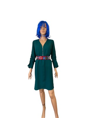 Express Long Roll Tab Sleeve Dress Green V Neck Sz L/G Belt Doesnt Include  | eBay
