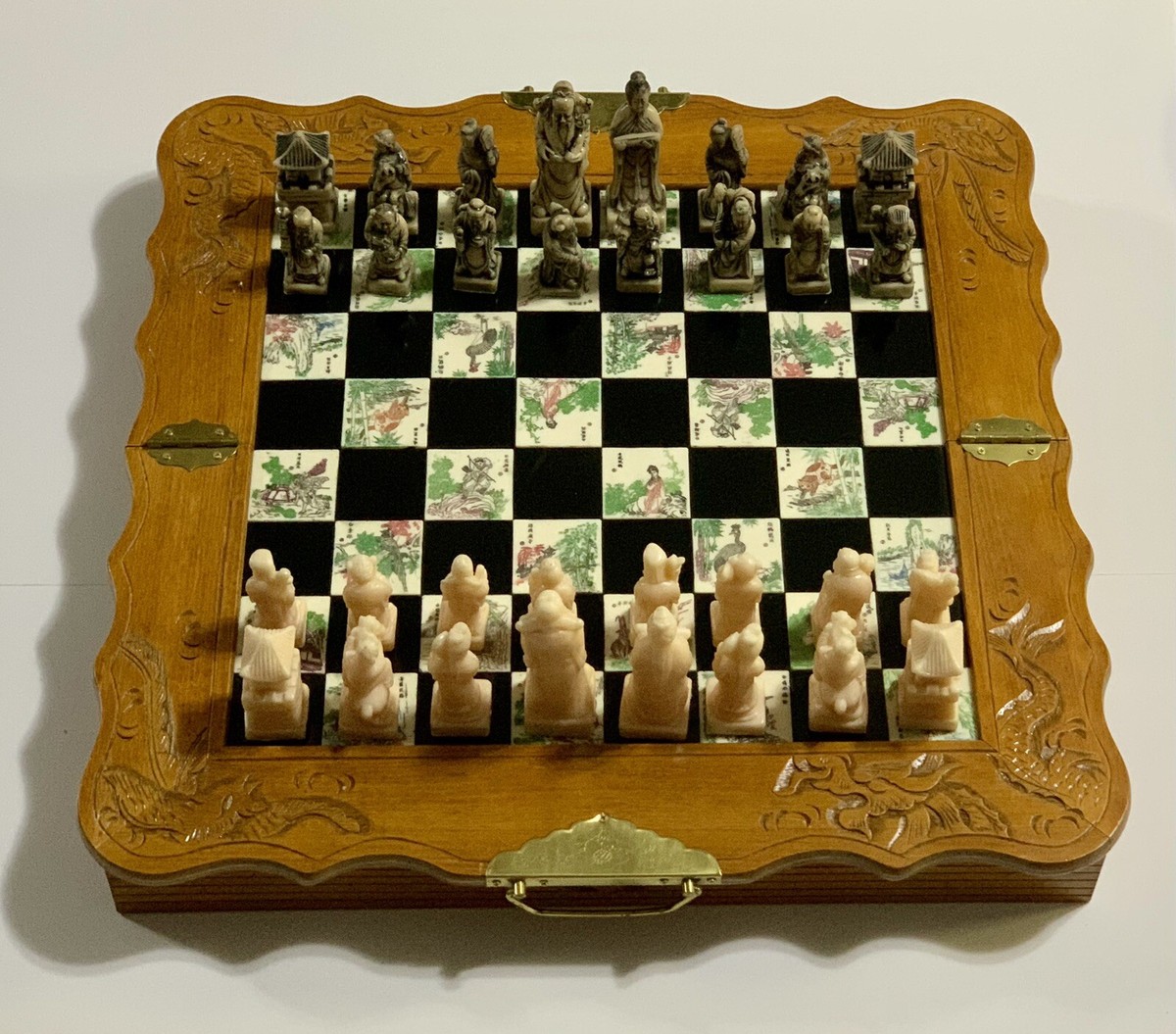 Vintage Japanese Handmade Folding Chess Set Engraved & Carved