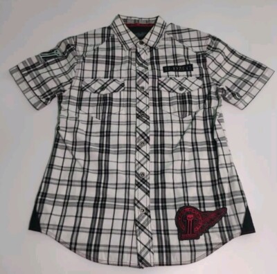 Harley Davidson H-DMC Shirt Mens Sz M Plaid Metal Button Up S/S Patches 