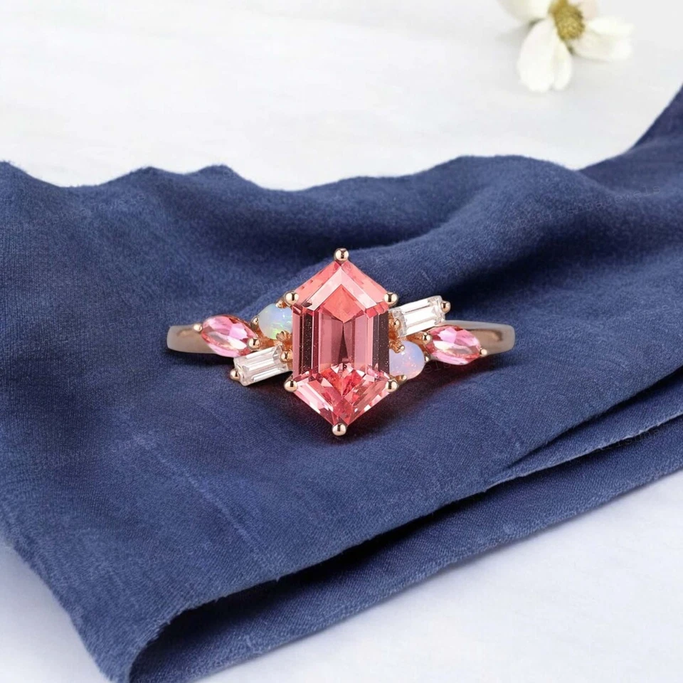 14k Rose Gold  7X5 mm Hexagon Cut Lab Created Padparascha Sapphire Wedding Ring - Image 3 of 4