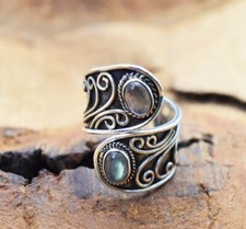 Natural Labradorite Gemstone Ring 925 Sterling Silver Adjustable All Size MO722