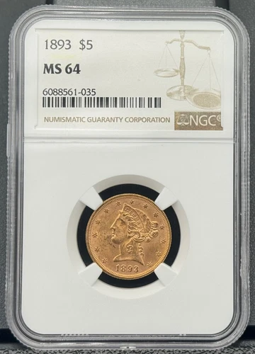 1893 P $5 Liberty Half Eagle Uncirculated Gold Coin, NGC MS 64, Investment Grade